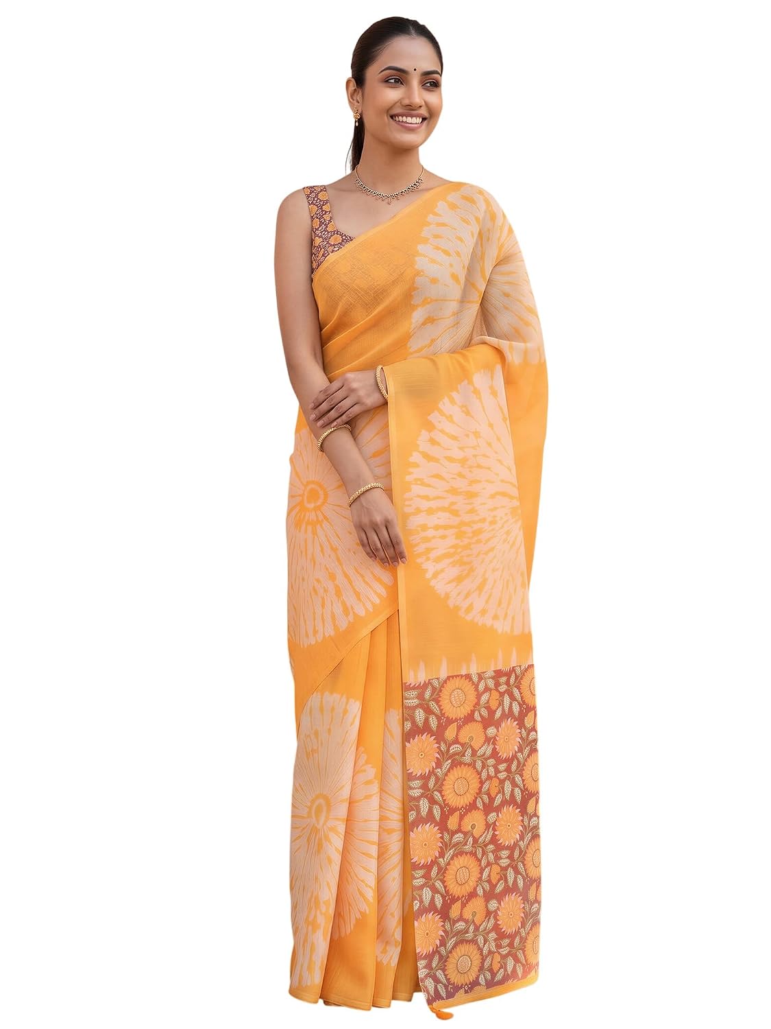 Pink Cotton Blend Shibori Saree - Mustard
