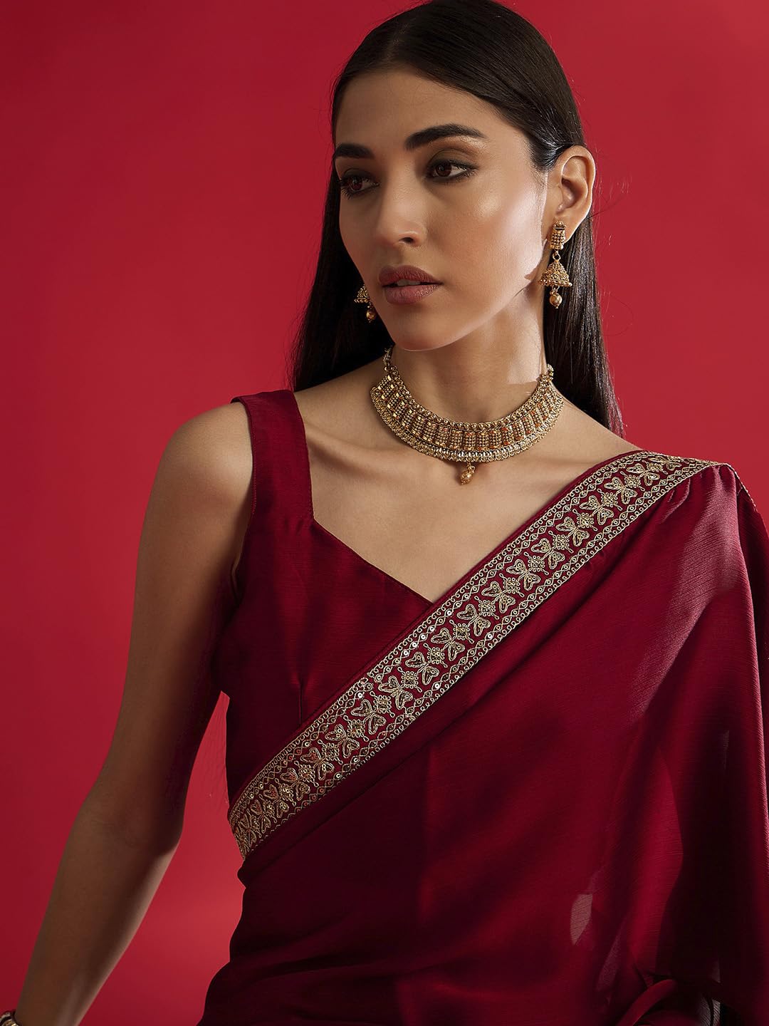 Maroon Silk Geometric Saree