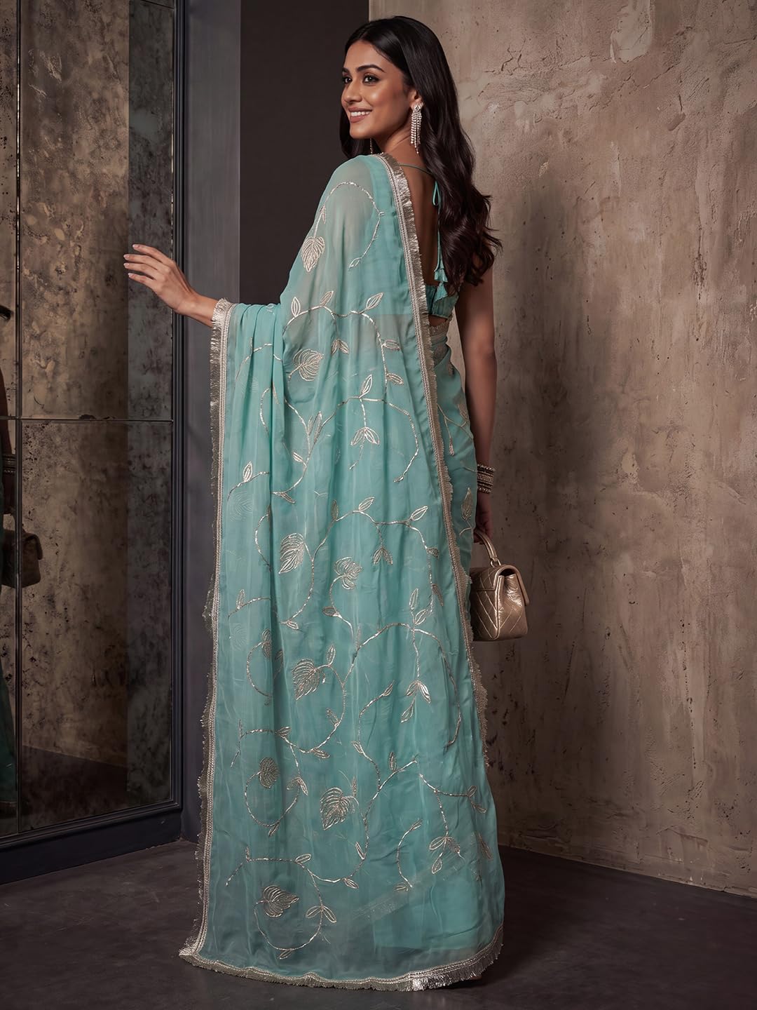 Light Blue Georgette Striped Saree