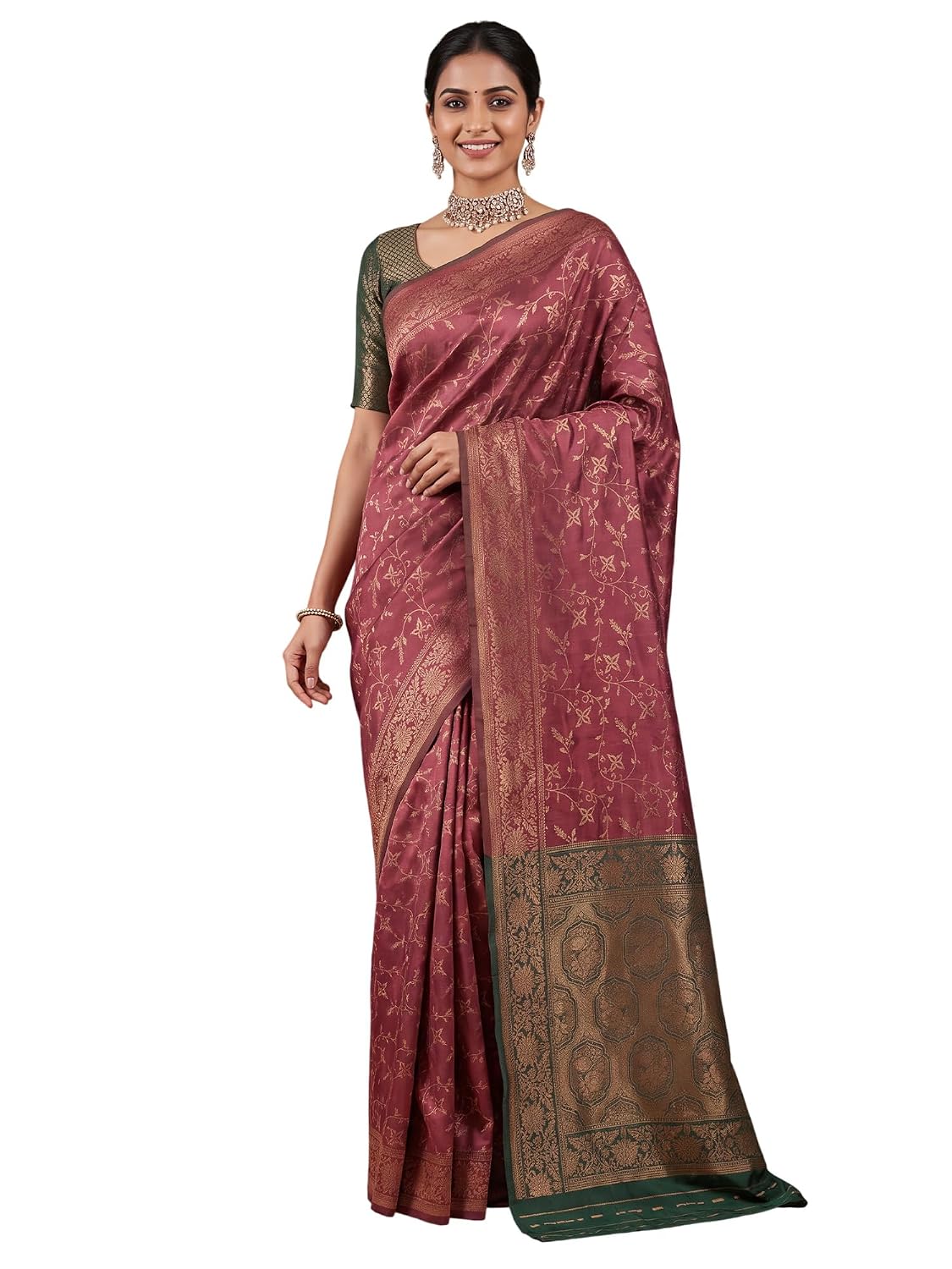 Red 2 Silk Blend Floral Saree - Magenta