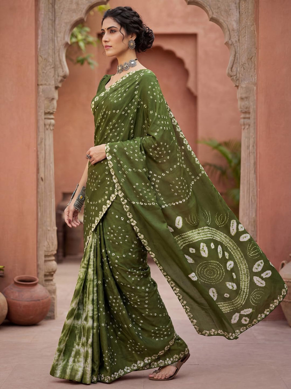 Green Crepe Polka Dots Saree