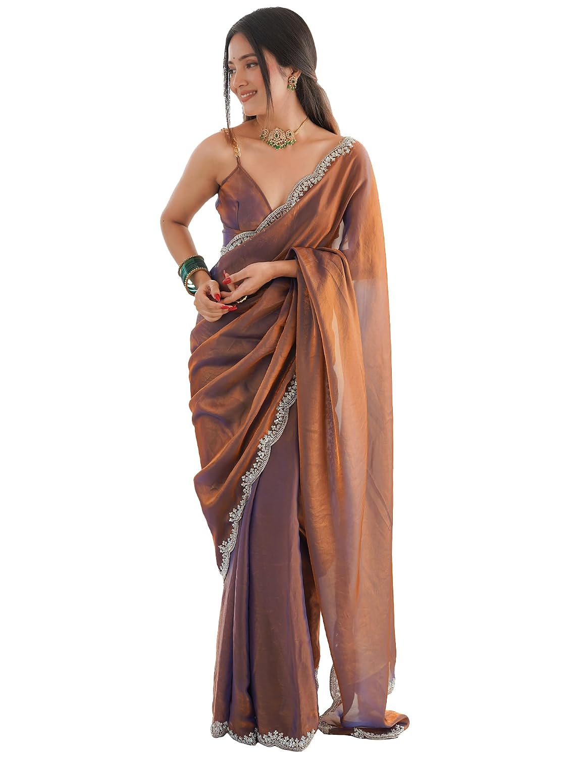 White Satin Solid Saree - Brown