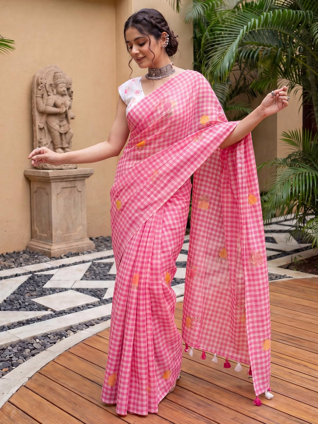 Pink Linen Striped Saree