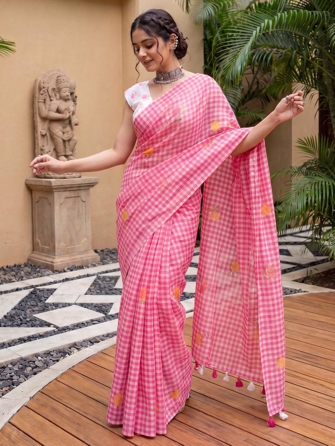 Pink Linen Striped Saree