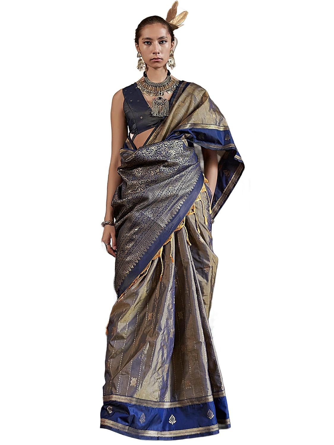 Orange Silk Paisley Saree - Gold