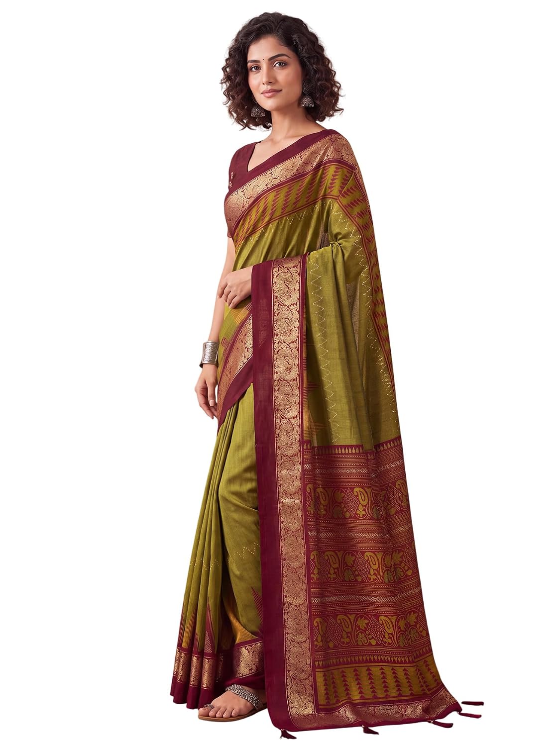 Green Tussar Silk Striped Saree - Olive 2