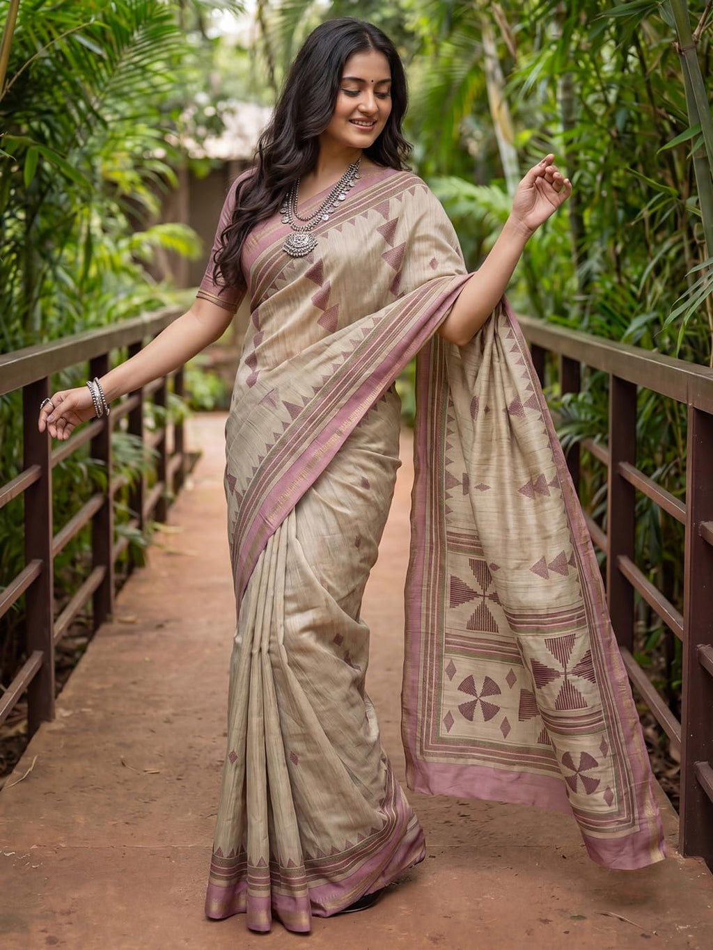 Beige Silk Checkered Saree