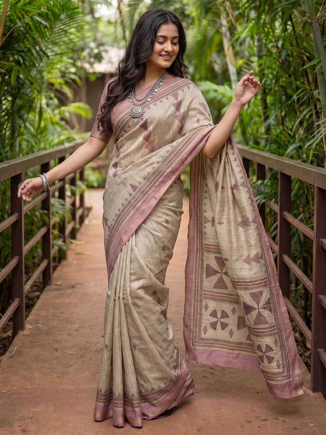 Beige Silk Checkered Saree