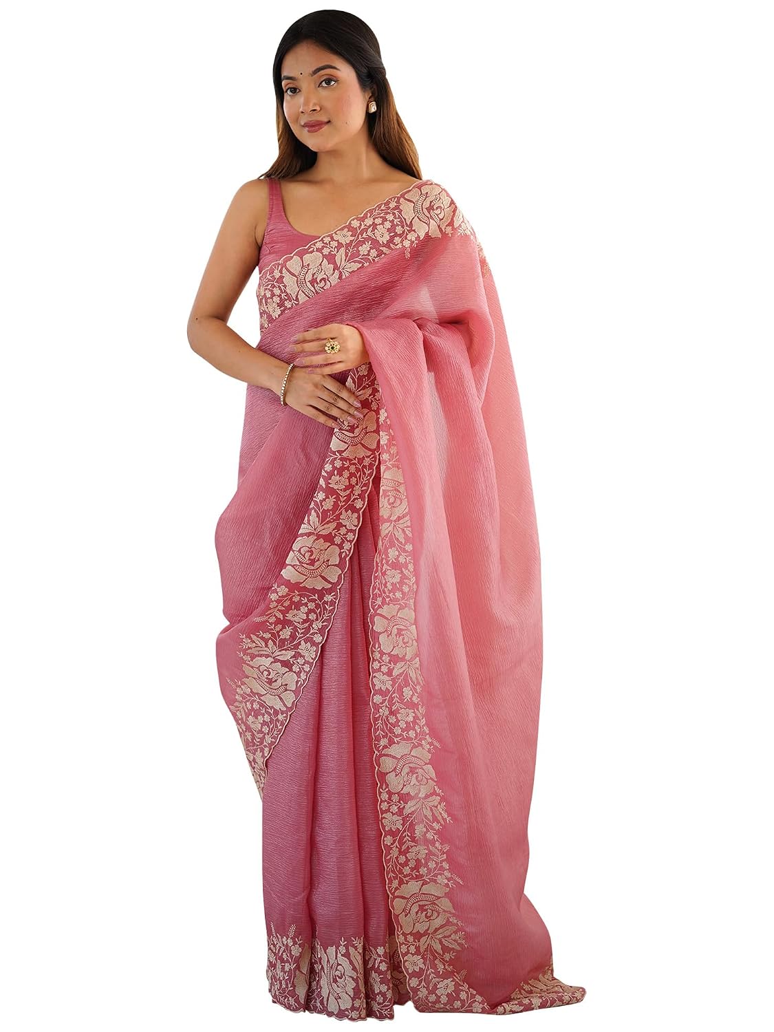 Mustard Tissue Floral Saree - Pink