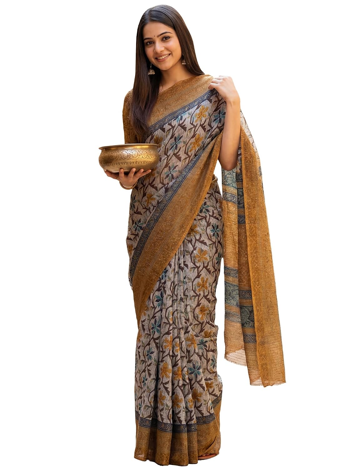 Grey Silk Blend Floral Saree
