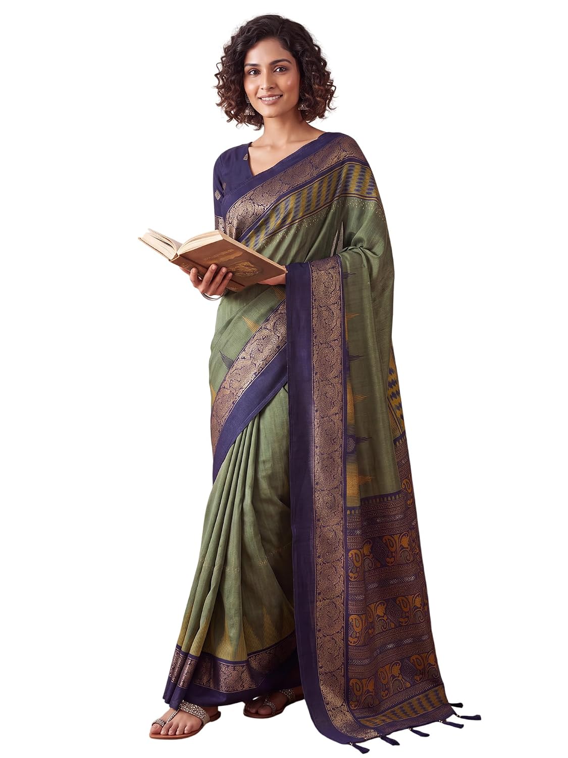 Green Tussar Silk Striped Saree - Olive