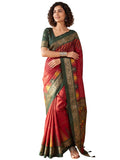 Green Tussar Silk Striped Saree - Red