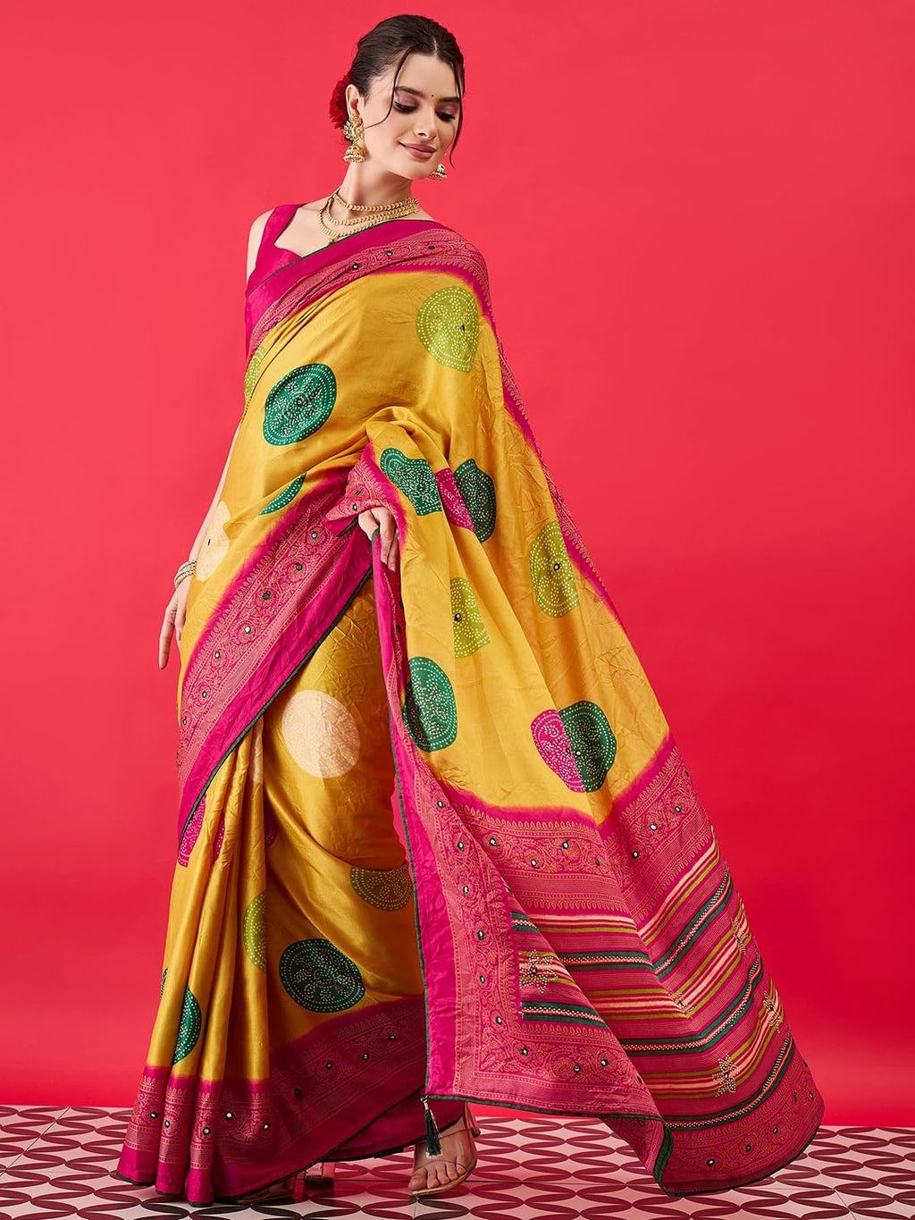 Yellow Georgette Polka Dots Saree