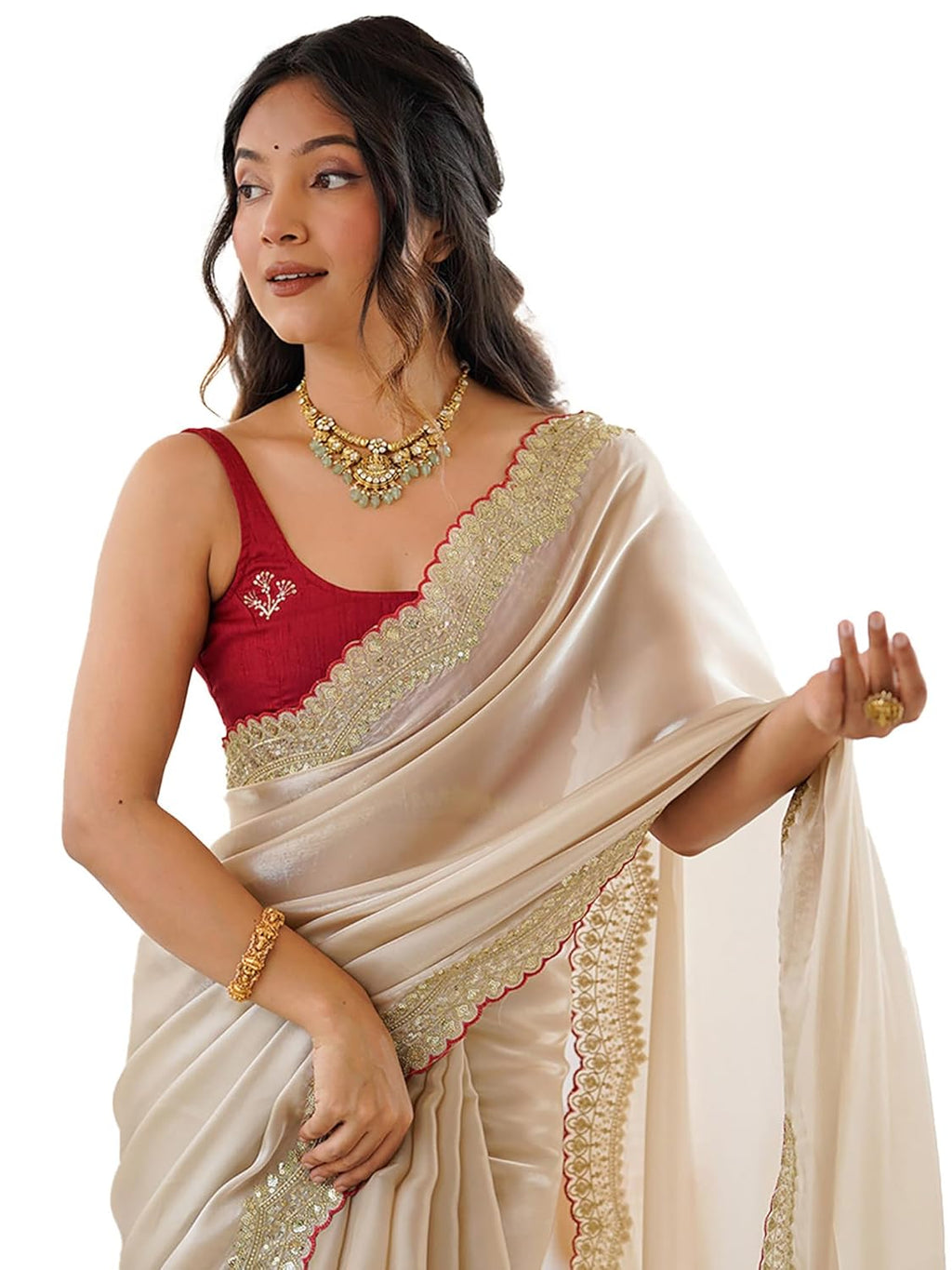 Beige Satin Floral Saree