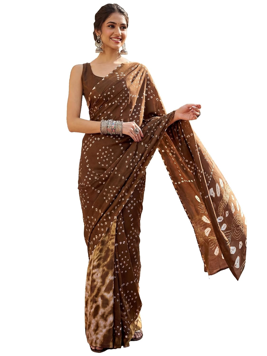 Green Crepe Polka Dots Saree - Coffee Brown