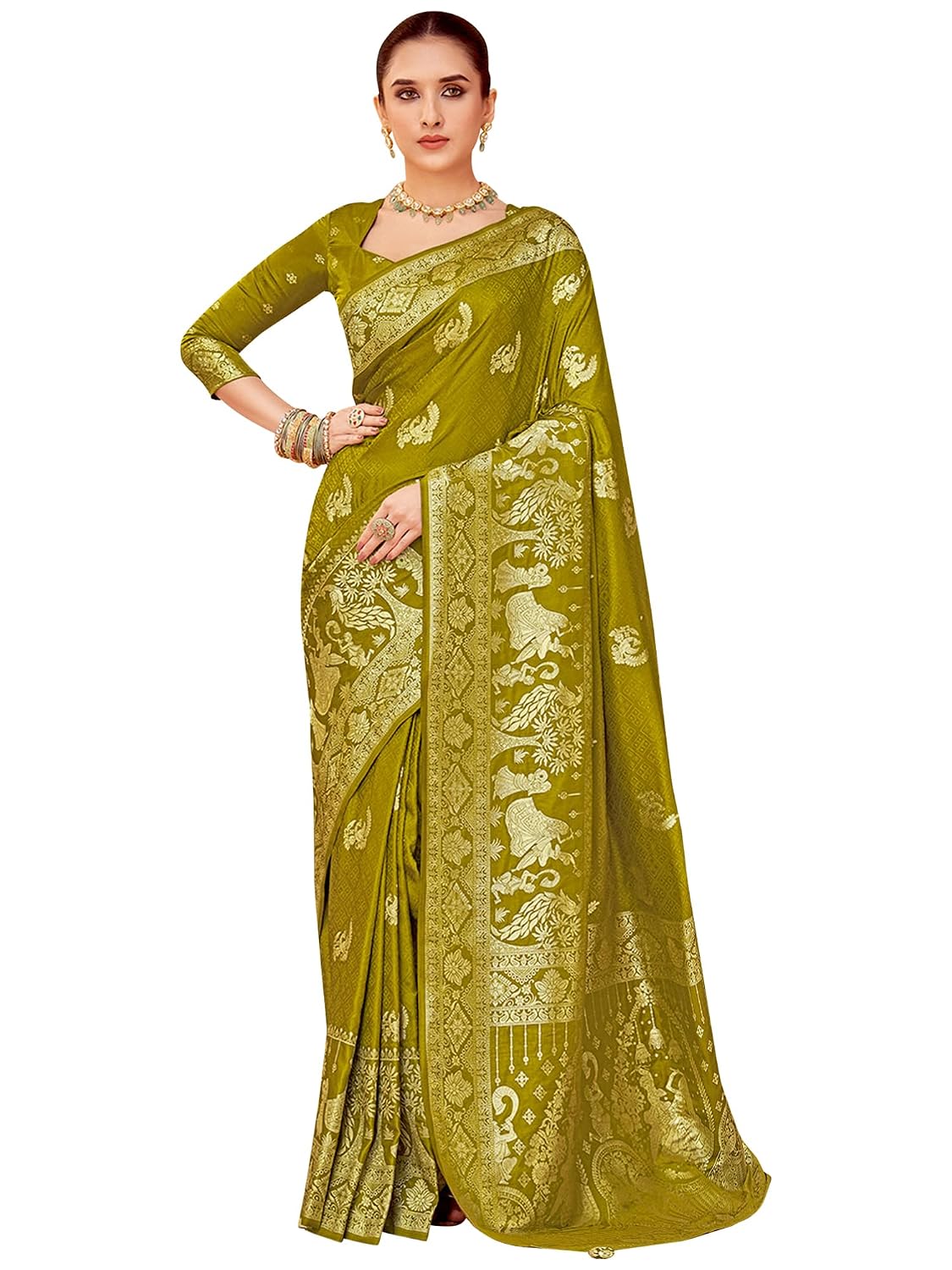 Mustard Satin Floral Saree - Olive