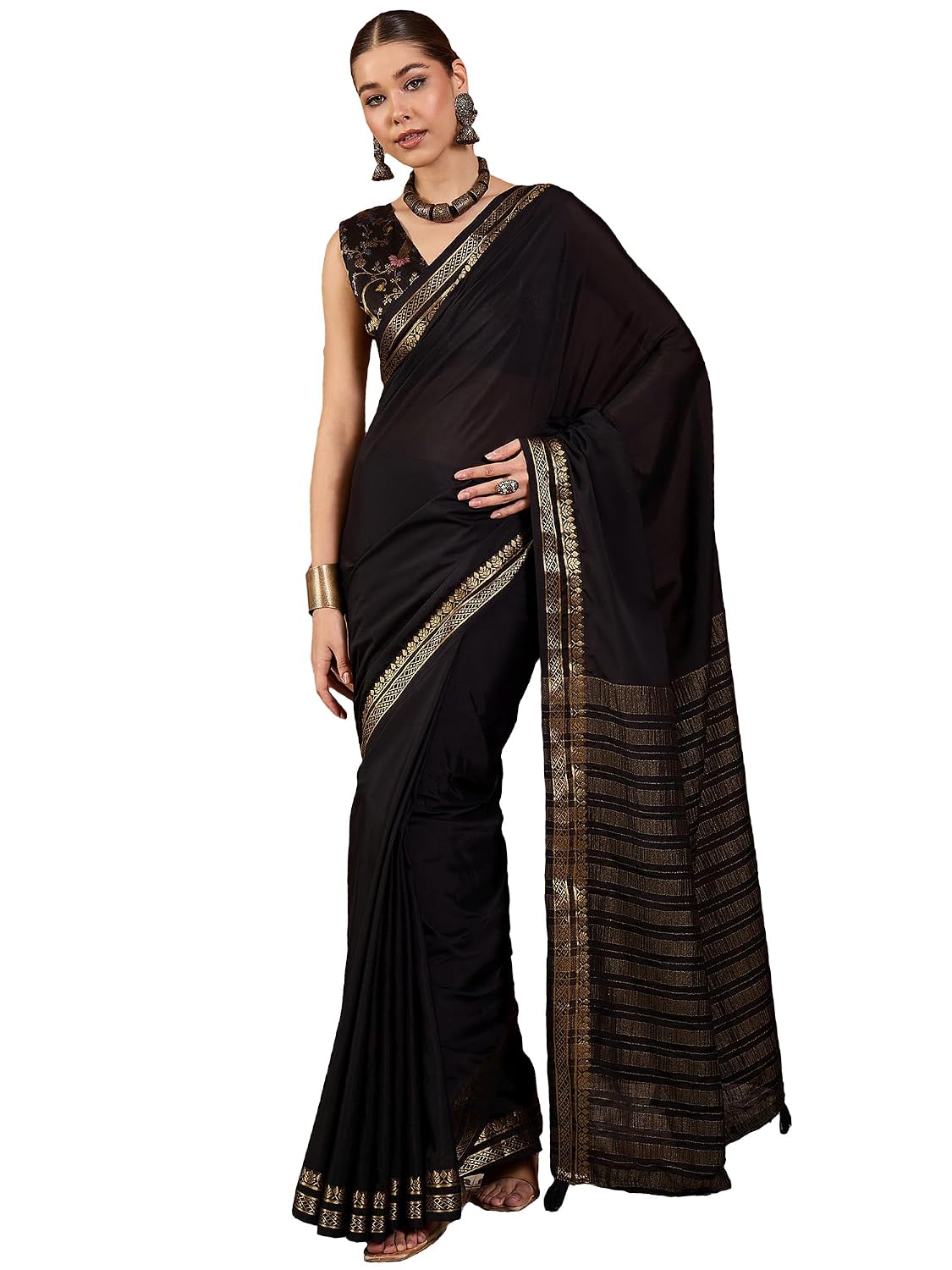 Maroon Cotton Paisley Saree - Black