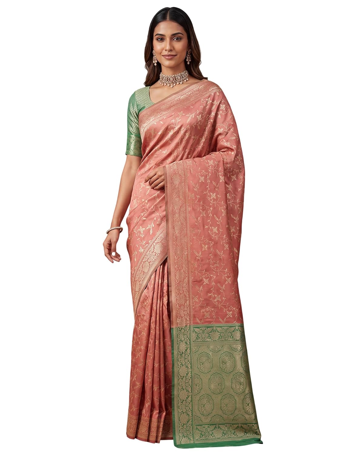 Red 2 Silk Blend Floral Saree - Peach
