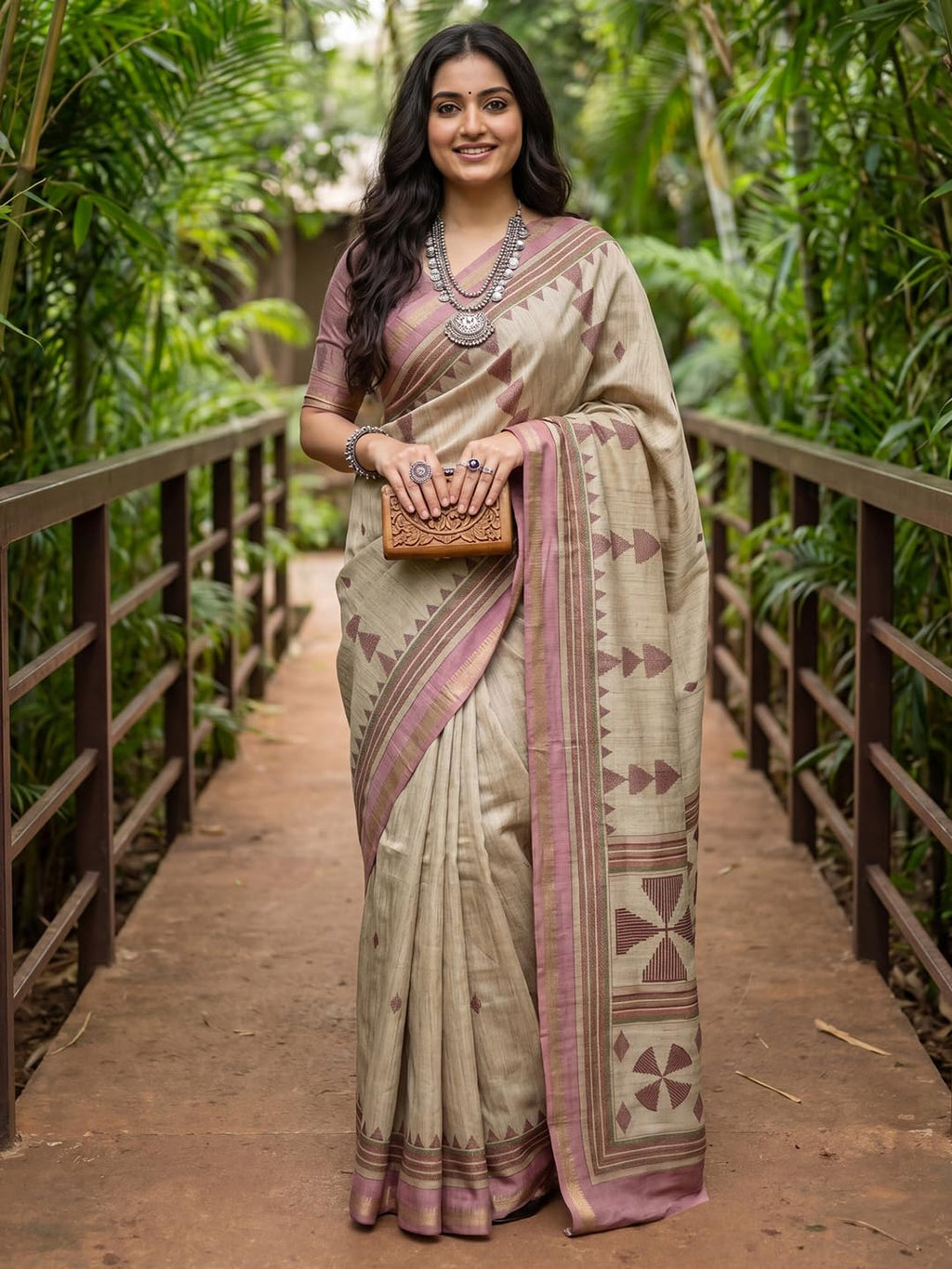 Beige Silk Checkered Saree
