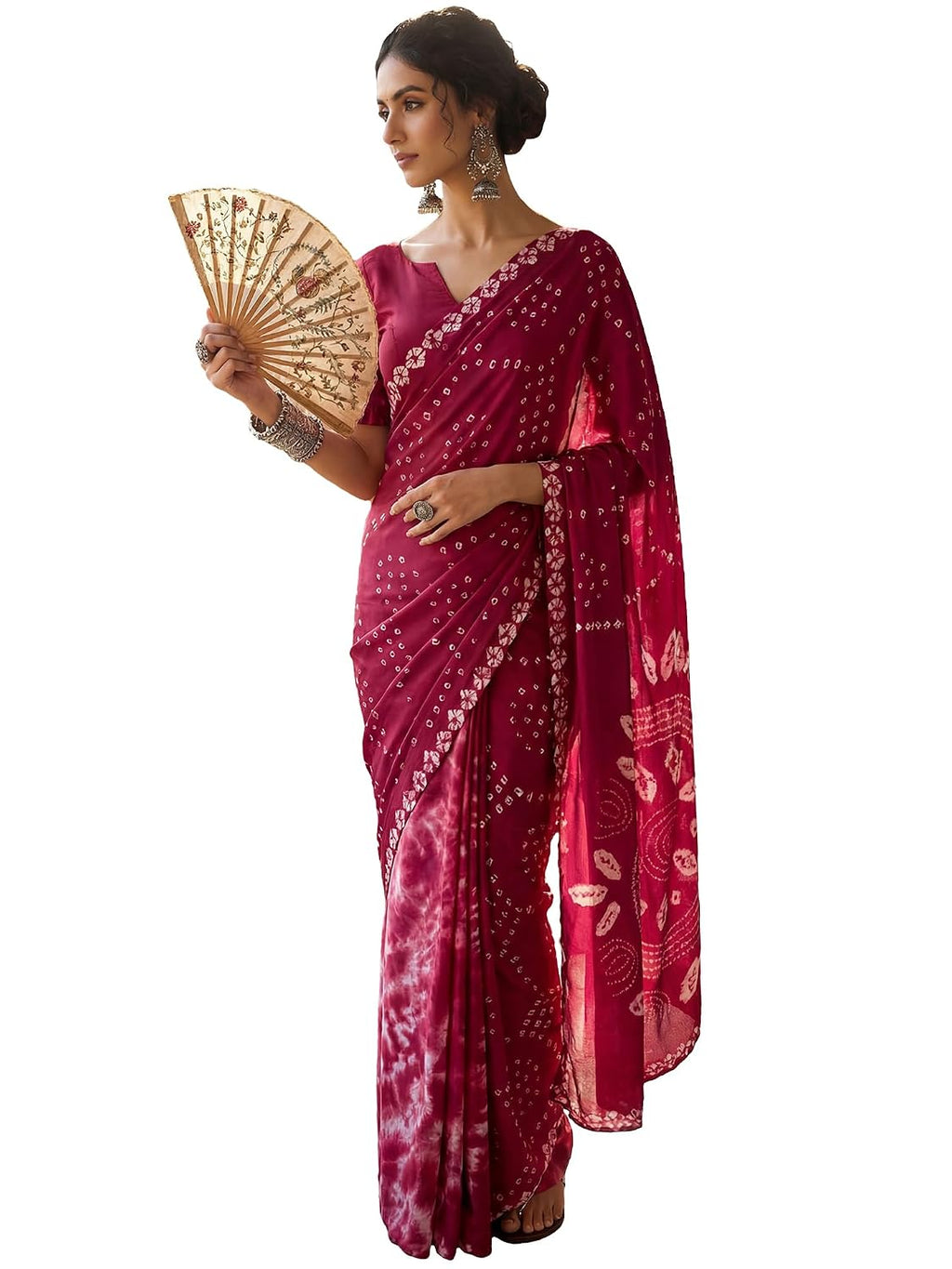 Green Crepe Polka Dots Saree - Burgundy