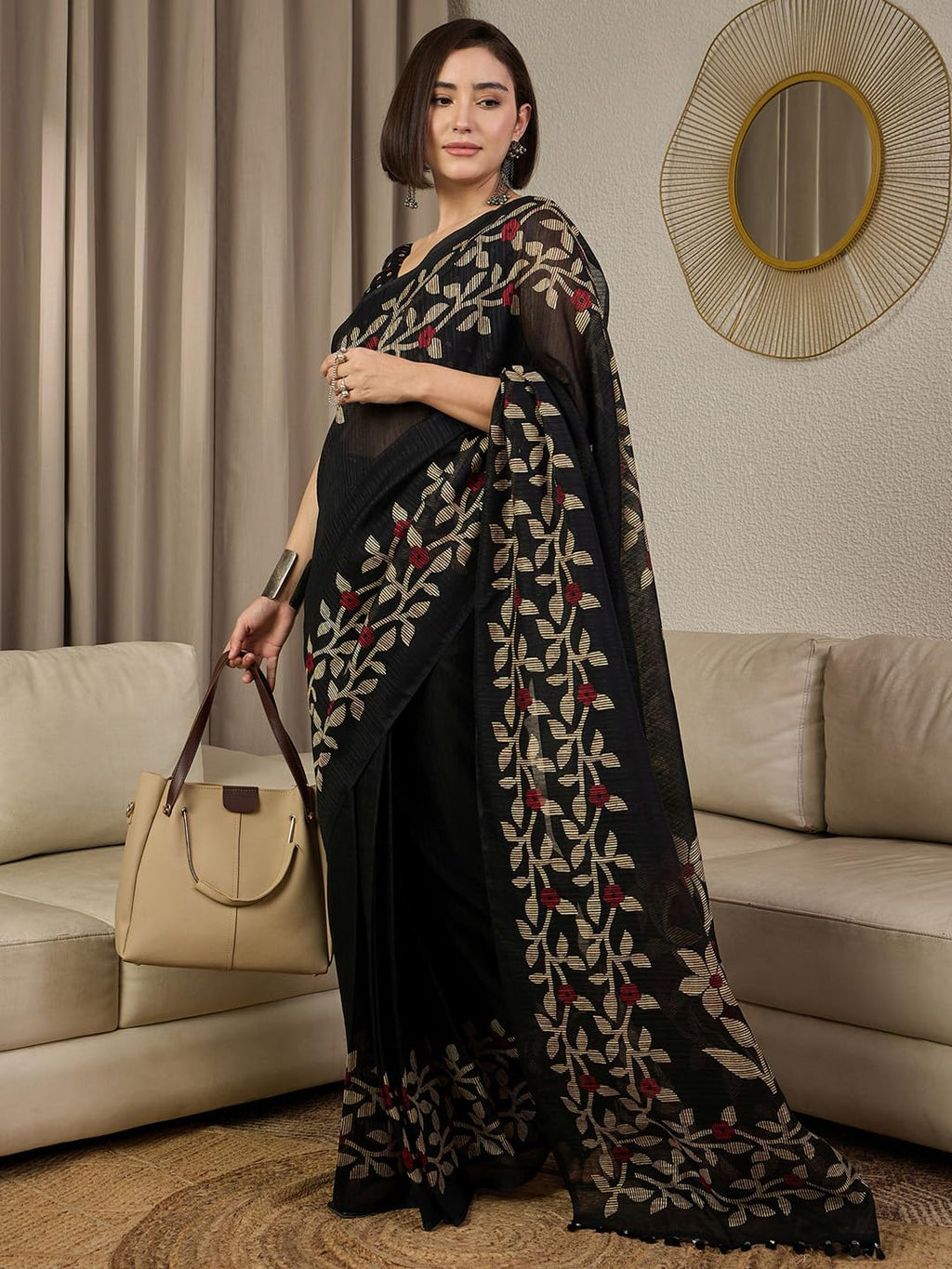 Black Cotton Floral Saree