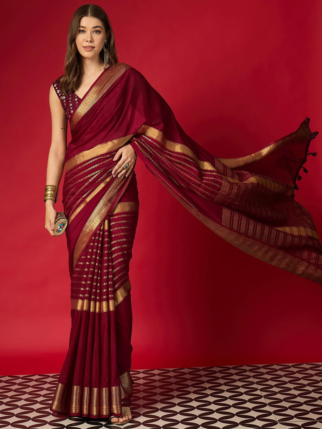 Maroon Cotton Paisley Saree