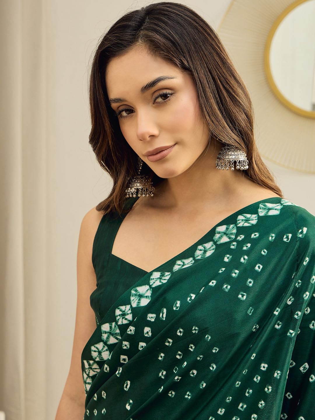 Green Crepe Polka Dots Saree