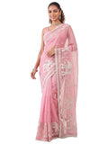 Yellow Georgette Striped Saree - Pink