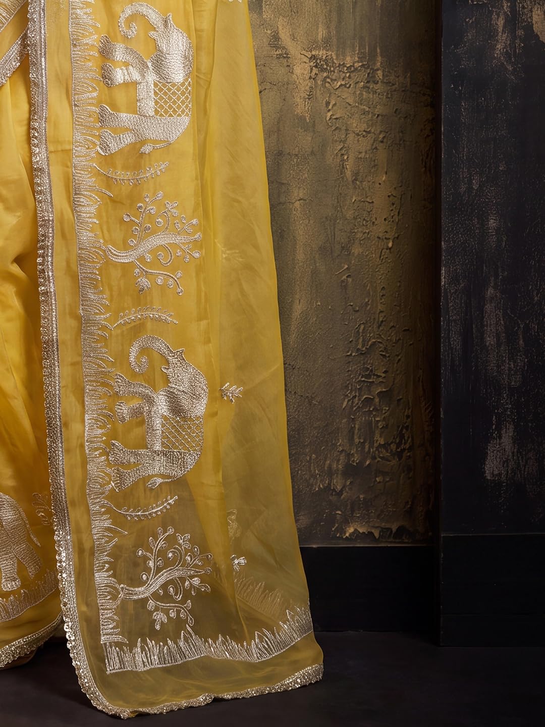 Yellow Georgette Striped Saree