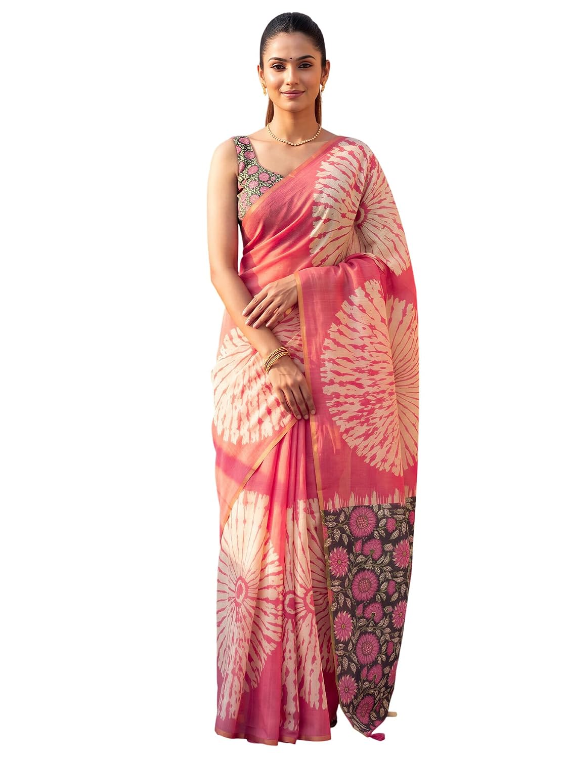 Pink Cotton Blend Shibori Saree