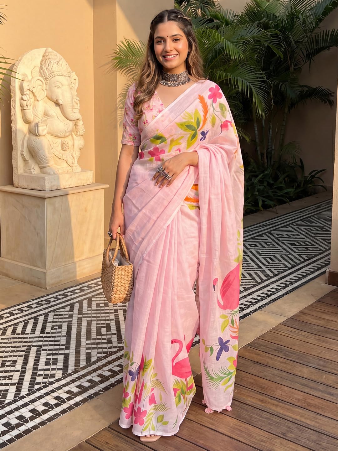 Pink Linen Striped Saree