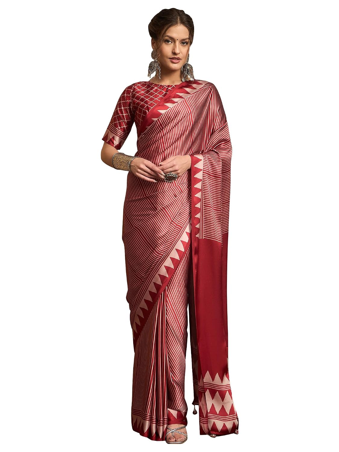 Maroon Crepe Striped Saree - Red