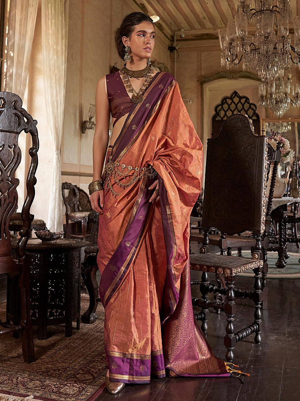 Orange Silk Paisley Saree