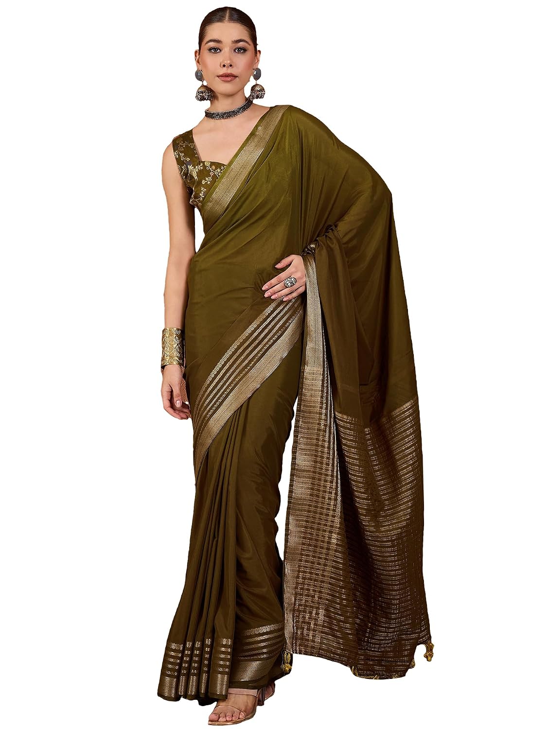 Maroon Cotton Paisley Saree - Olive
