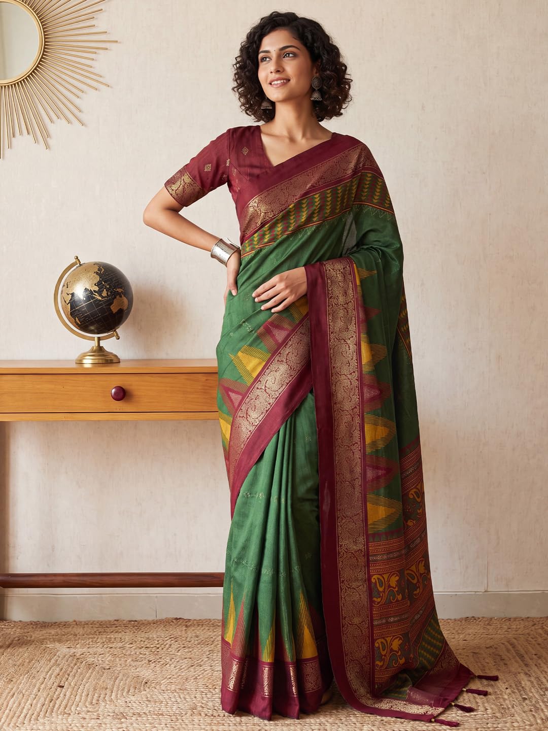 Green Tussar Silk Striped Saree