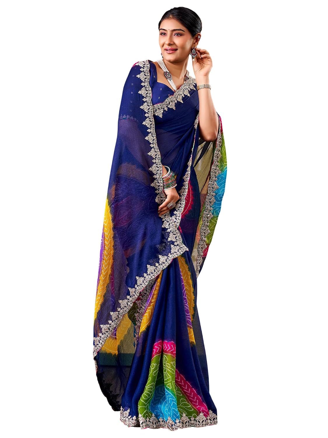 Cream Chiffon Striped Saree - Navy Blue