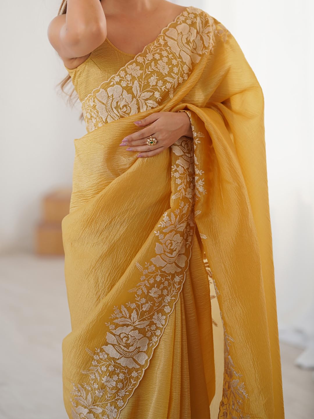 Mustard Tissue Floral Saree