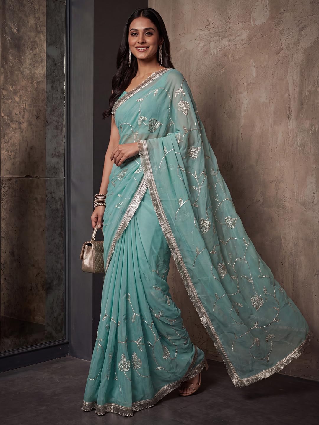 Light Blue Georgette Striped Saree