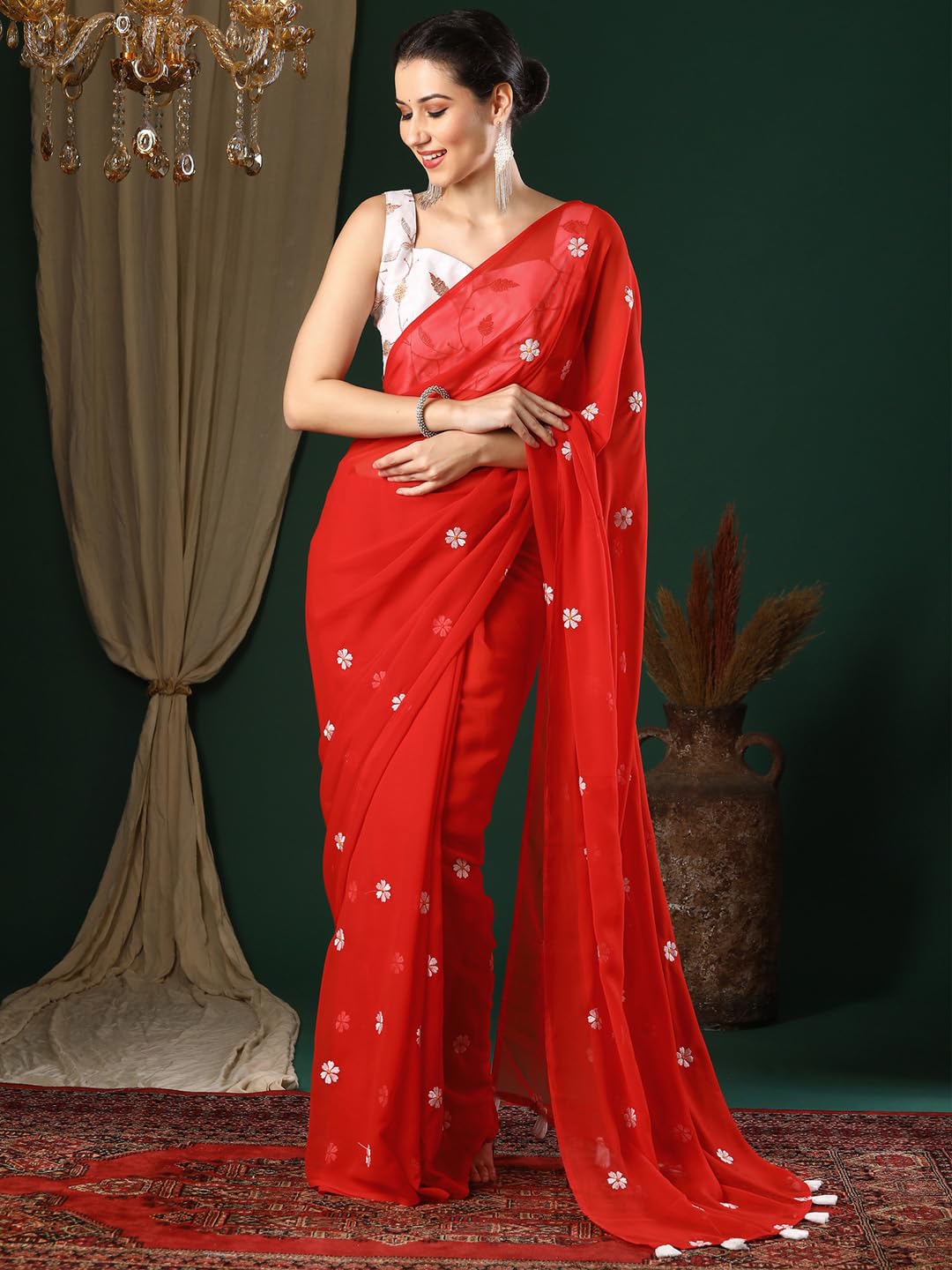 Red Georgette Embroidered Saree