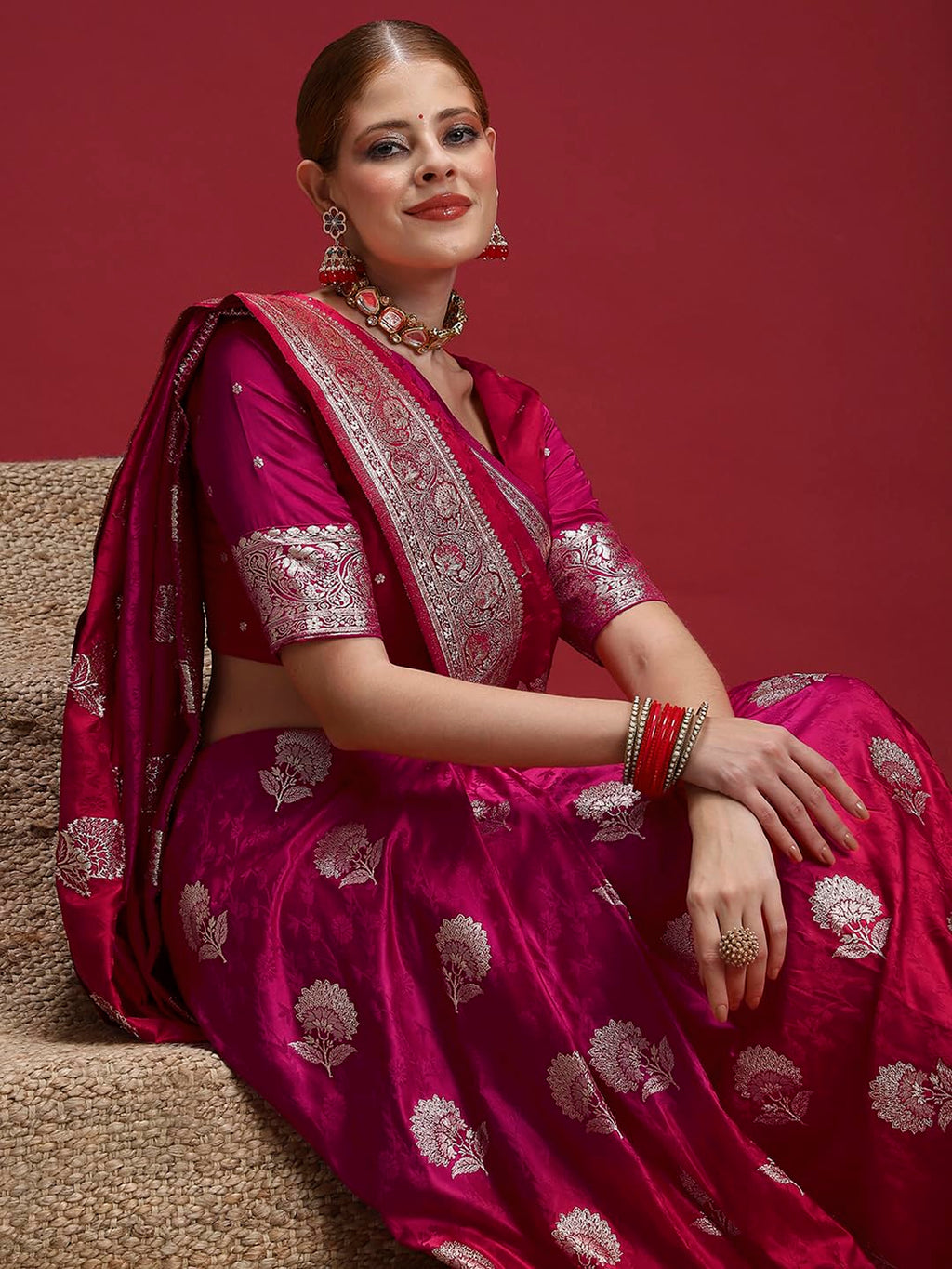 Pink Satin Floral Saree