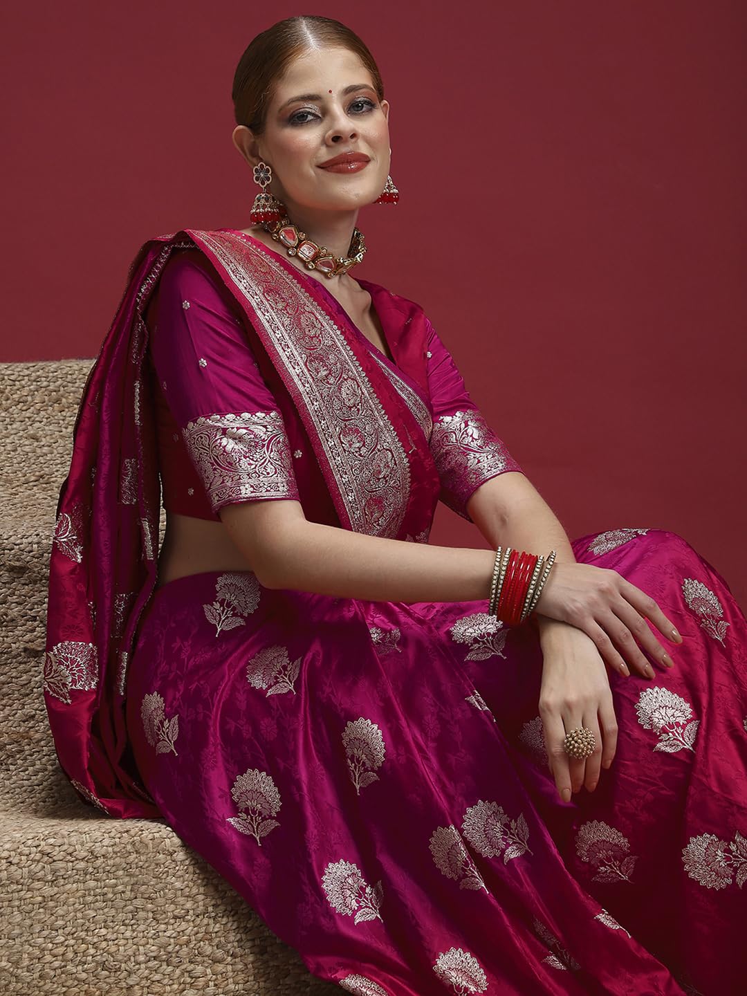 Pink Satin Floral Saree