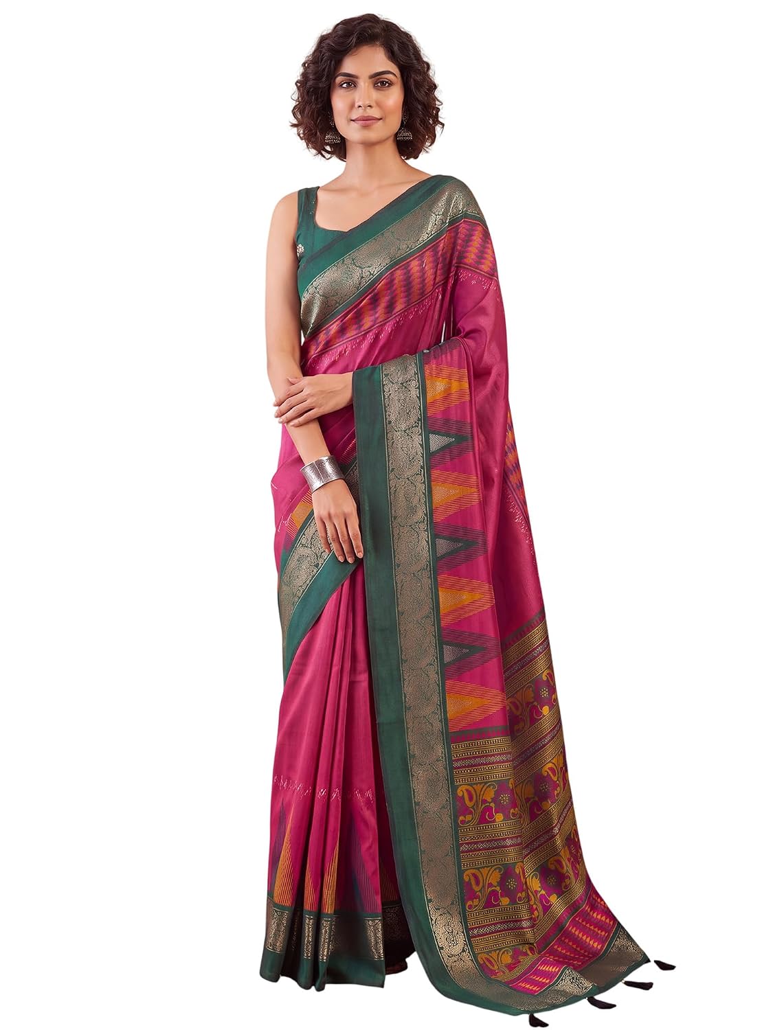 Green Tussar Silk Striped Saree - Pink
