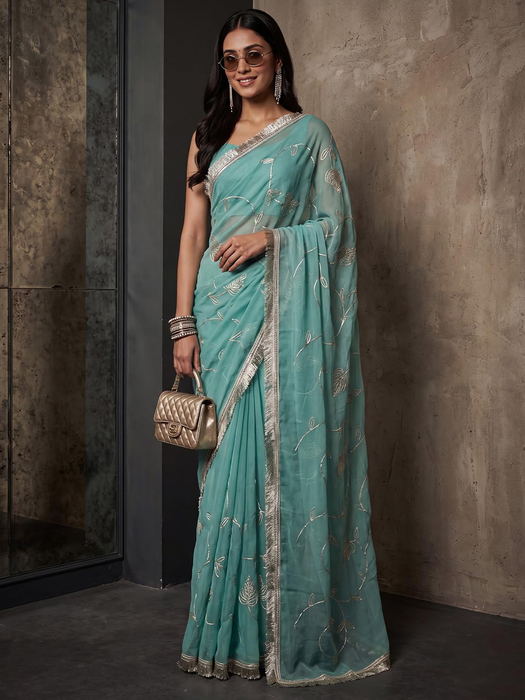 Light Blue Georgette Striped Saree