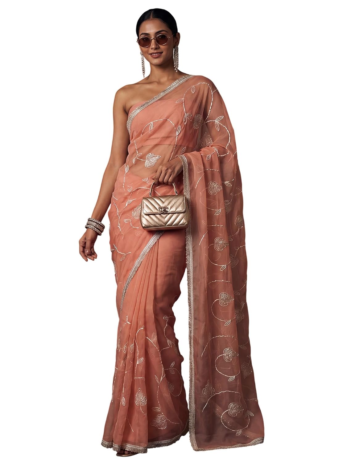 Light Blue Georgette Striped Saree - Peach
