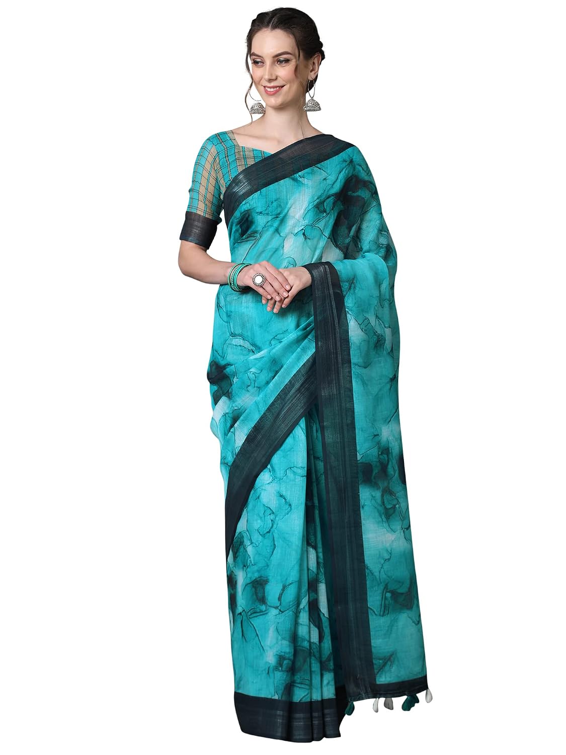 Red 2 Silk Blend Floral Saree - Teal Blue