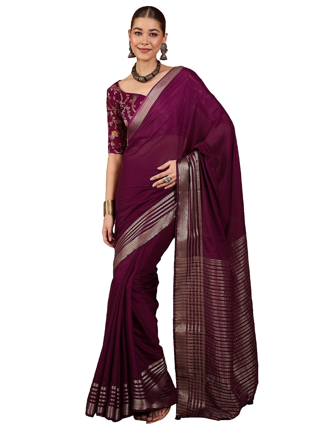 Maroon Cotton Paisley Saree - Wine