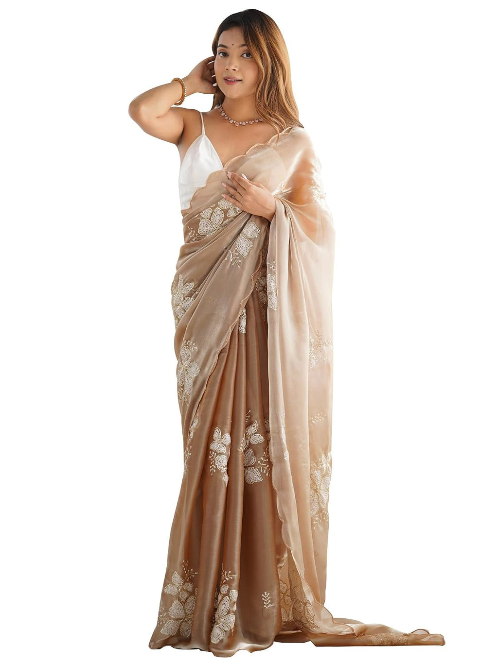 Beige Silk Checkered Saree