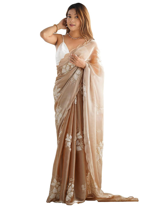 Beige Silk Checkered Saree