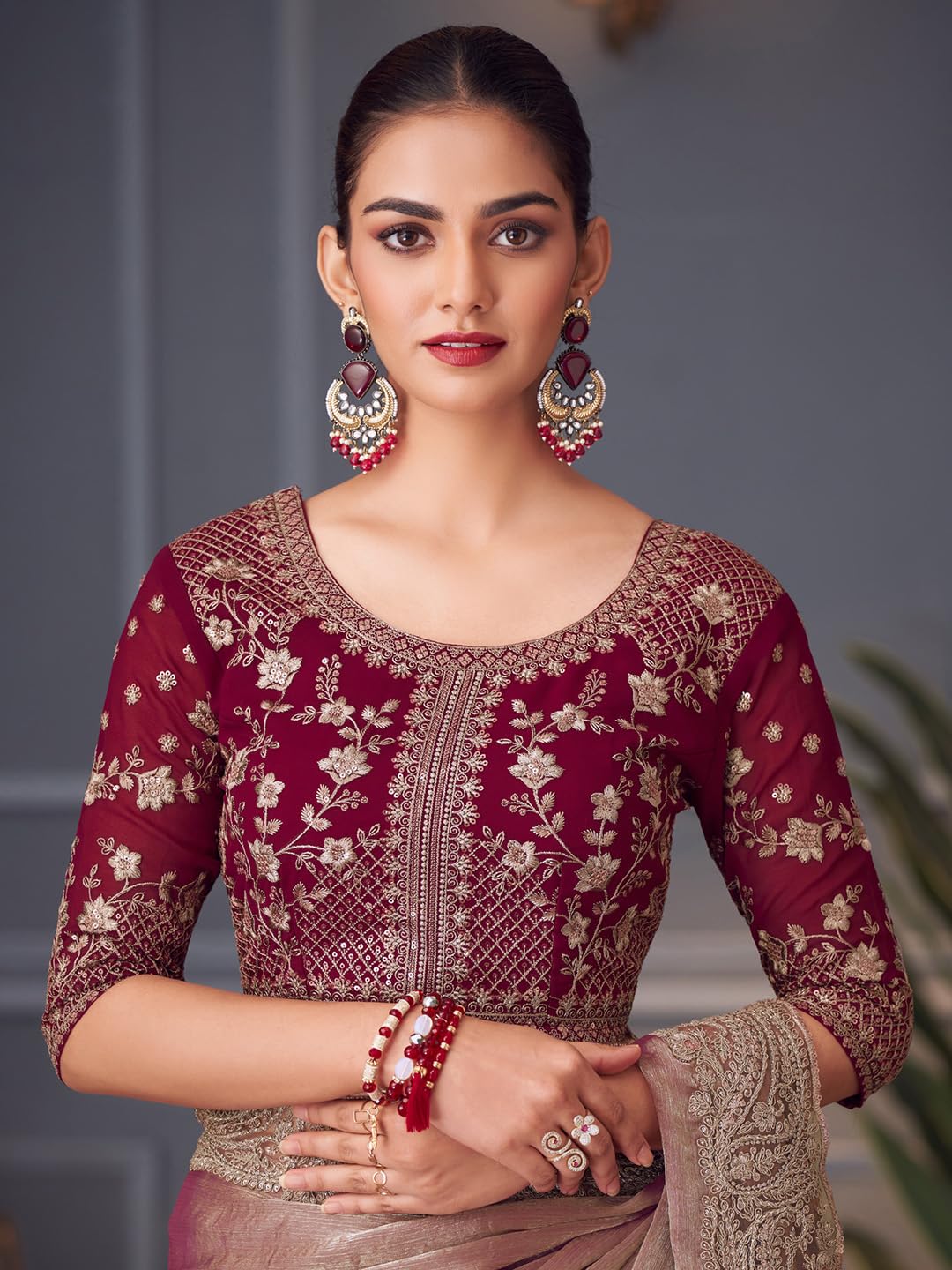 Burgundy Silk Polka Dots Saree