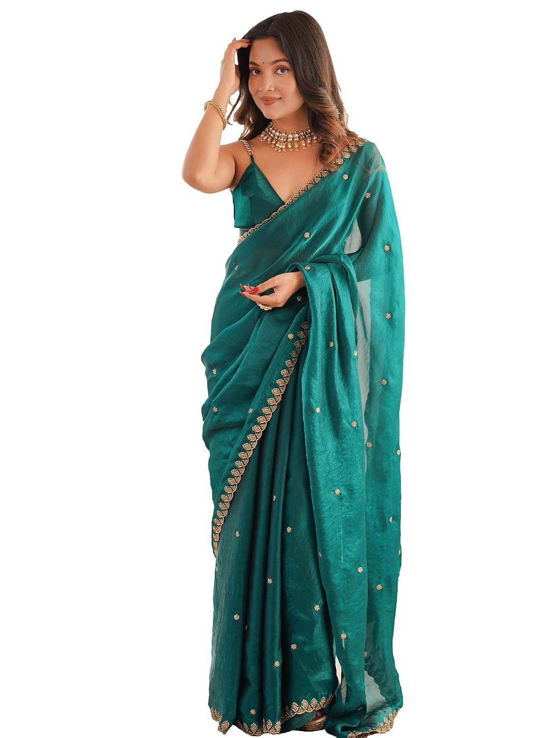 Copper Tissue Floral Saree - Teal Blue